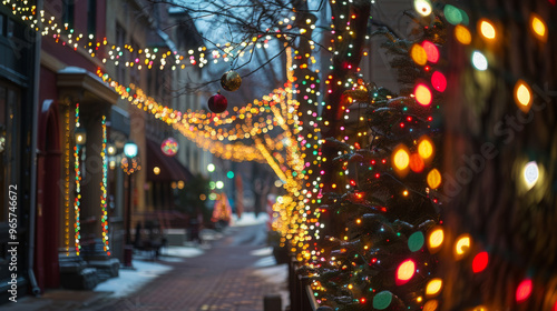 holiday Lights: A festive scene with colorful Christmas lights draped over trees and buildings, creating a warm and cheerful holiday atmosphere.