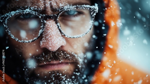 An image captures a person in an orange coat from a distance, standing amid falling snow, highlighting the stark contrast between the bright outfit and the surrounding whiteness. photo