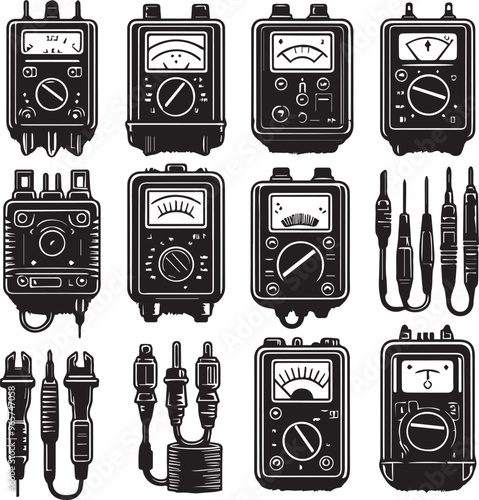 Vintage Analog Multimeters Vector Illustration: Black and White Electrical Testers, Retro Electronics, Circuit Measurement Tools Clipart