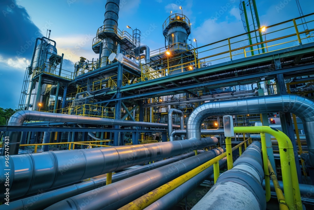 Intricate pipeline system transporting fuel in a modern industrial plant with a twilight sky in the background Intricate pipeline system transporting fuel in a modern industrial plant with a twilight sky in the background