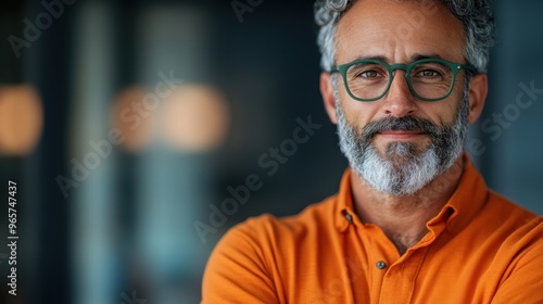 A focused man with greying hair and beard, wearing green glasses and an orange shirt, stands indoors, embodying maturity and confidence in his professional environment.