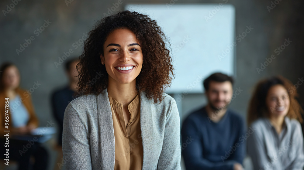 Young manager is smiling during a meeting with her team in the office, she seems happy and confident Young manager is smiling during a meeting with her team in the office, she seems happy and confident