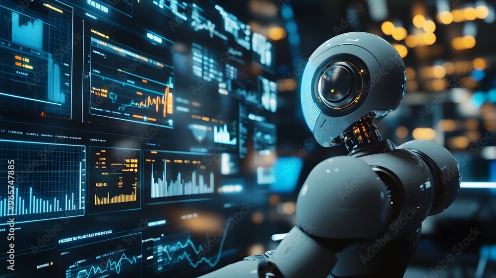 Robots on a high-tech trading floor interacting with holographic stock data, surrounded by digital projections of market trends and financial graphs Robots on a high-tech trading floor interacting with holographic stock data, surrounded by digital projections of market trends and financial graphs