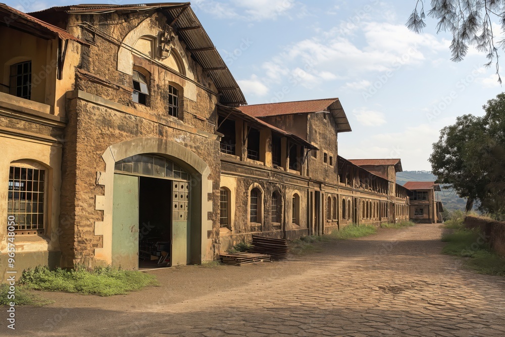 Old iron foundry building with large doors and windows is showing the industrial heritage of a bygone era in ethiopia Old iron foundry building with large doors and windows is showing the industrial heritage of a bygone era in ethiopia