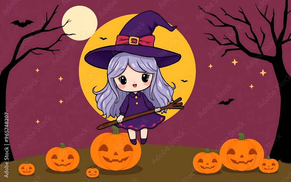 Cute purple witch flying on a broomstick with orange pumpkins in a spooky Halloween night.
Cute purple witch flying on a broomstick with orange pumpkins in a spooky Halloween night.