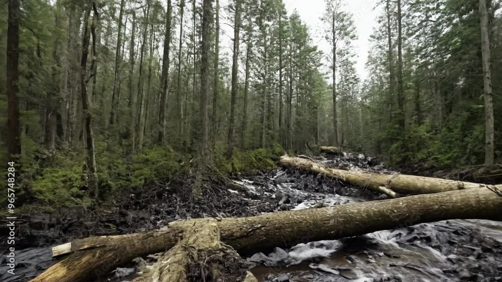 A medium shot showing a dense forest being overtaken by a landslide, with trees being uprooted and carried away by the powerful flow of earth and debris. A medium shot showing a dense forest being overtaken by a landslide, with trees being uprooted and carried away by the powerful flow of earth and debris.