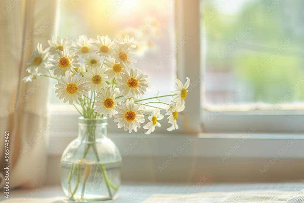 Tranquil Morning Light with Fresh Daisy Arrangement on Window Sill Tranquil Morning Light with Fresh Daisy Arrangement on Window Sill
