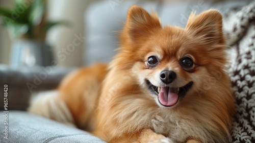 Cute Brown Pomeranian Dog Playing Joyfully at Home: Short Hair, Round Face Style, and Adorable Pet Grooming