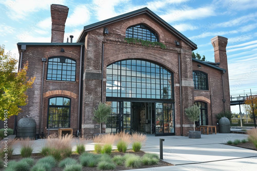 Modern office building with an industrial chic design, featuring exposed brick walls and large windows, reminiscent of a historic iron foundry Modern office building with an industrial chic design, featuring exposed brick walls and large windows, reminiscent of a historic iron foundry
