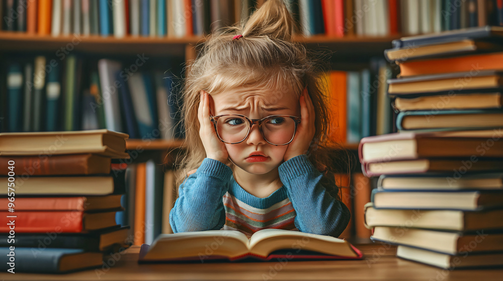 Tired and frustrated young girl struggles with her studies while surrounded by books in a library Tired and frustrated young girl struggles with her studies while surrounded by books in a library