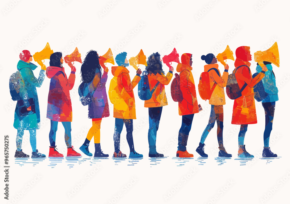 Fototapeta premium Colorful Vector Illustration of Diverse People Using Megaphones for Promotion and Communication
