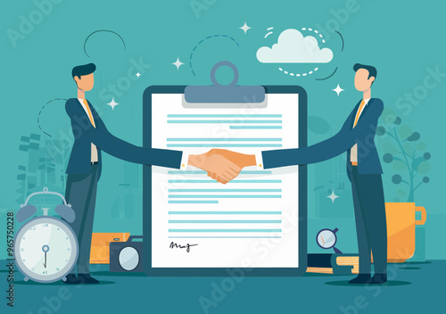 Business Agreement Concept: Professionals Shaking Hands Over Signed Contract, Minimalistic Vector Illustration on Partnership and Deal in Office Setting