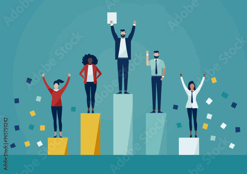 Celebrating Office Success: Top Ranked Business Colleagues on Winners Podium, Minimalistic Vector Illustration of Successful Employees Recognized for Achievement and Excellence
