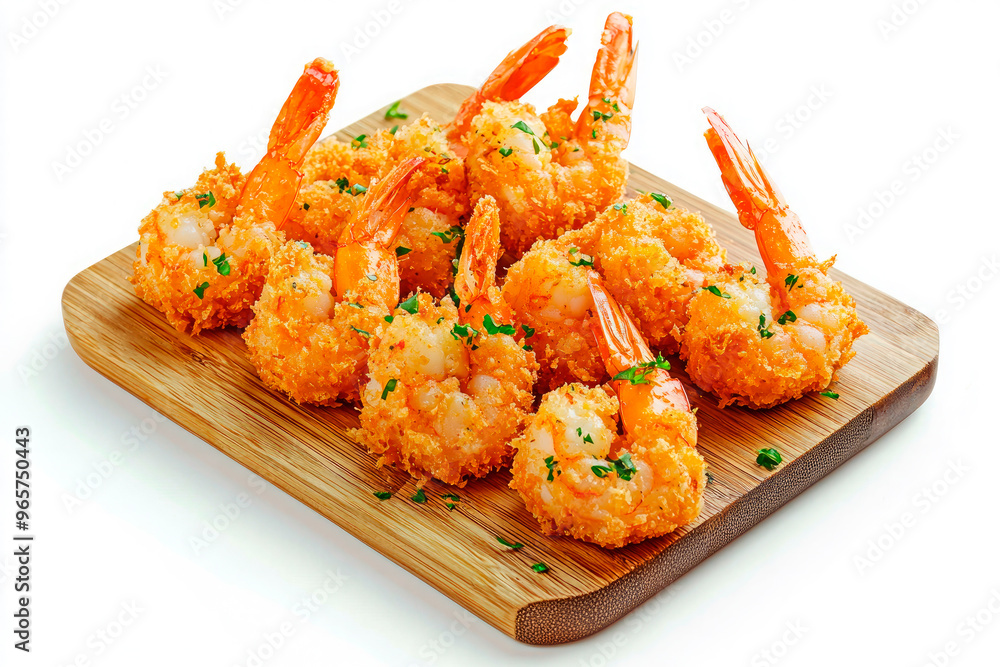 breaded Torpedo shrimps on cutting board isolated on white background
