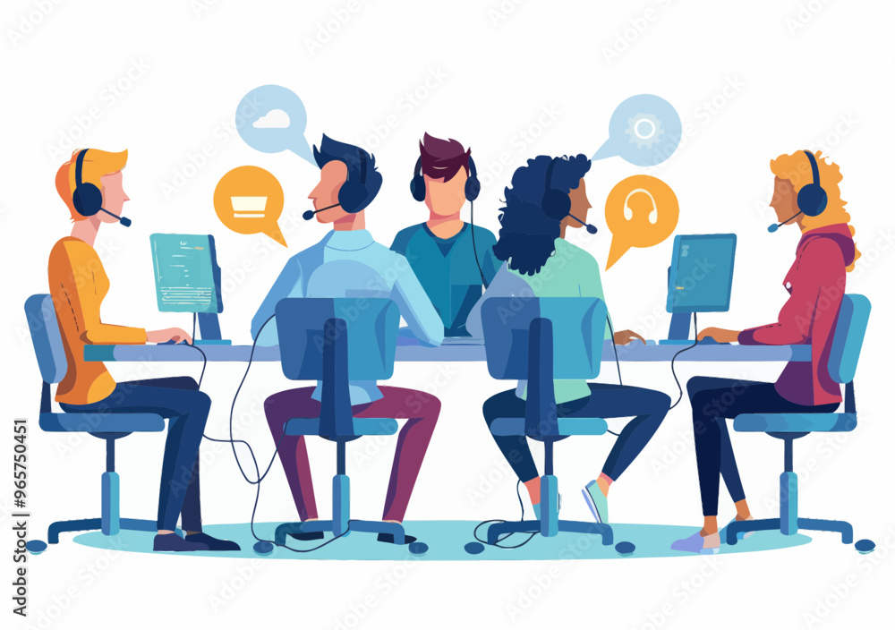 Customer Service Call Center with Hotline Operators in Headsets Providing 24-Hour Technical Support, Minimalistic Vector Illustration Depicting Online Tech Help, Collaboration, and Teamwork Customer Service Call Center with Hotline Operators in Headsets Providing 24-Hour Technical Support, Minimalistic Vector Illustration Depicting Online Tech Help, Collaboration, and Teamwork