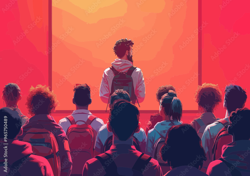 Obraz premium Business Presentation with Male Leader Speaking to Team in Modern Minimalistic Setting During Evening, Education Meeting, Vector Illustration