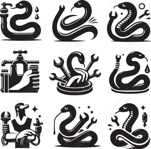 Snake Plumber Logo Designs: Vector Illustrations of Serpents with Wrenches, Pipes, and Plumbing Tools in Black and White Graphic Style