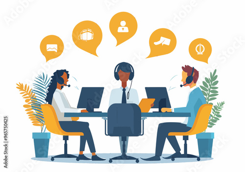 Customer service call center hotline operators with headsets providing online technical support 24/7 in a modern office setting, vector illustration; collaboration communication help desk teamwork