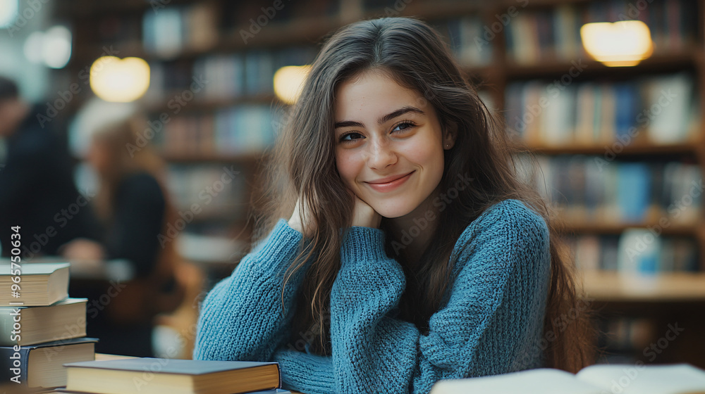 Lovely student girl smiles and unwinds in the library, surrounded by books Lovely student girl smiles and unwinds in the library, surrounded by books