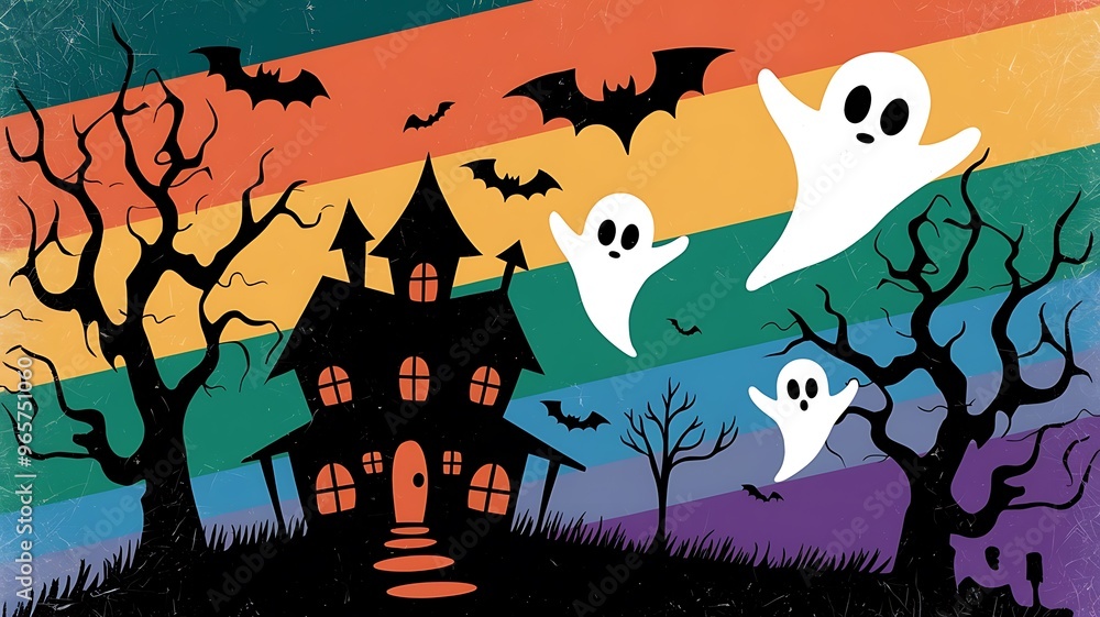 Black haunted house and white ghosts on a rainbow background, a spooky Halloween celebration.
Black haunted house and white ghosts on a rainbow background, a spooky Halloween celebration.