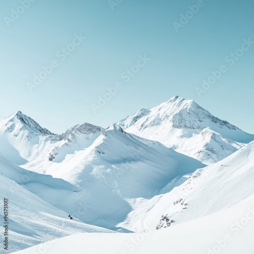 A lone skier descends a snowy mountain slope under a clear blue sky.