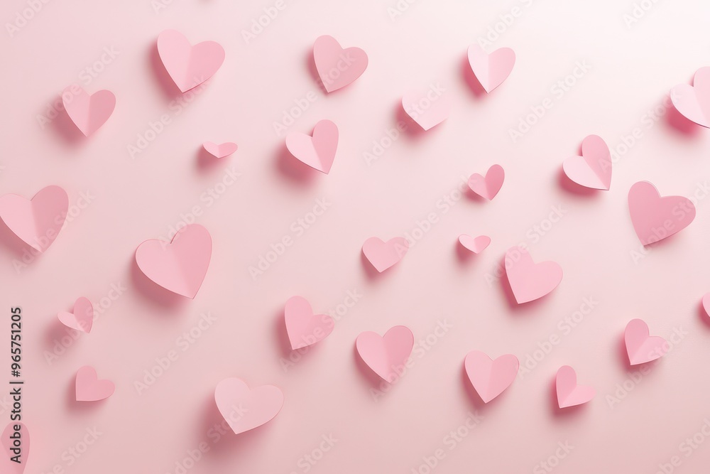 Scattered Pink Paper Hearts on Pastel Background for Valentines Day Scattered Pink Paper Hearts on Pastel Background for Valentines Day