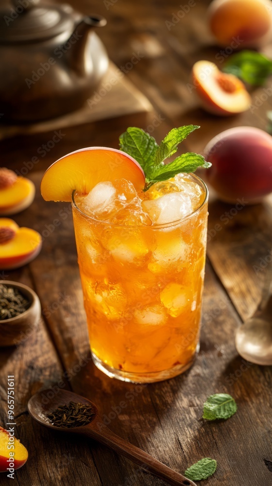 A glass of refreshing peach iced tea and ice A glass of refreshing peach iced tea and ice