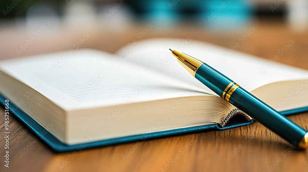 Open book with pen on a table, ready for writing and learning. Open book with pen on a table, ready for writing and learning.