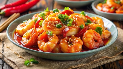 Shrimp coated in a sweet and sour sauce. photo