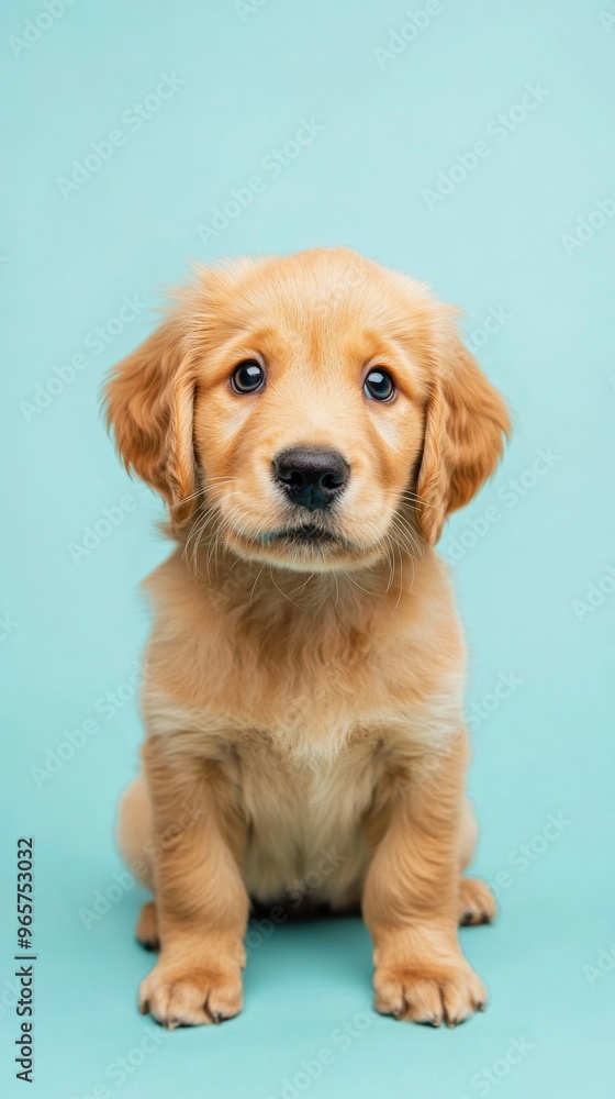 Golden retriever puppy on blue background, adorable pet portrait. Animal photography and cuteness concept Golden retriever puppy on blue background, adorable pet portrait. Animal photography and cuteness concept