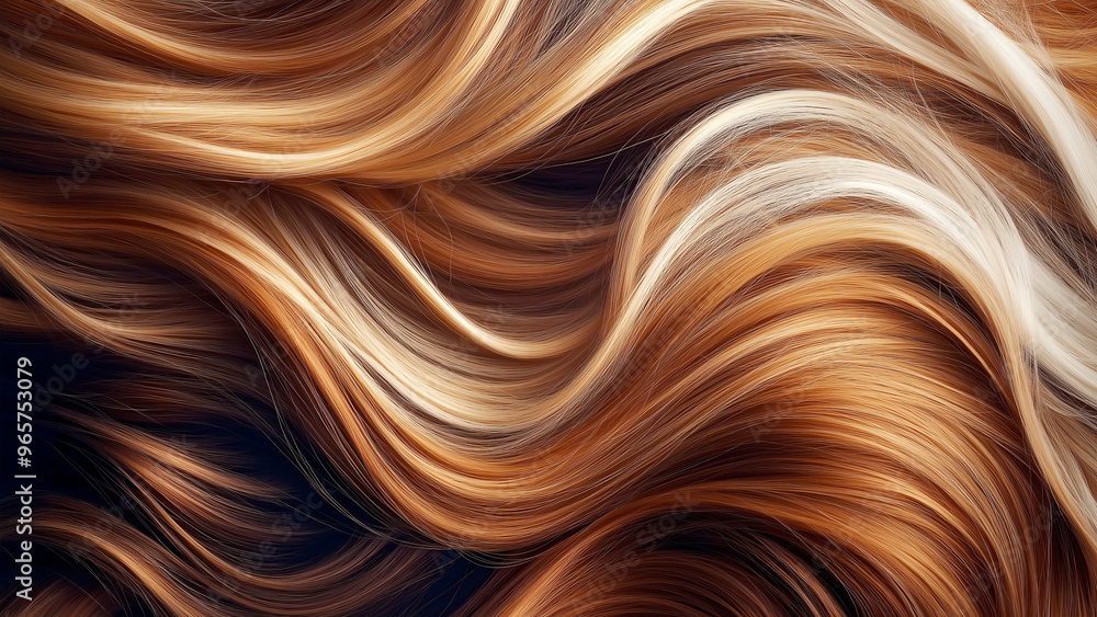 Beautiful background of long, wavy hair in shades of blonde and brown, close-up, with a beautiful, shiny hair pattern. Background for design, beauty industry. Beautiful background of long, wavy hair in shades of blonde and brown, close-up, with a beautiful, shiny hair pattern. Background for design, beauty industry.
