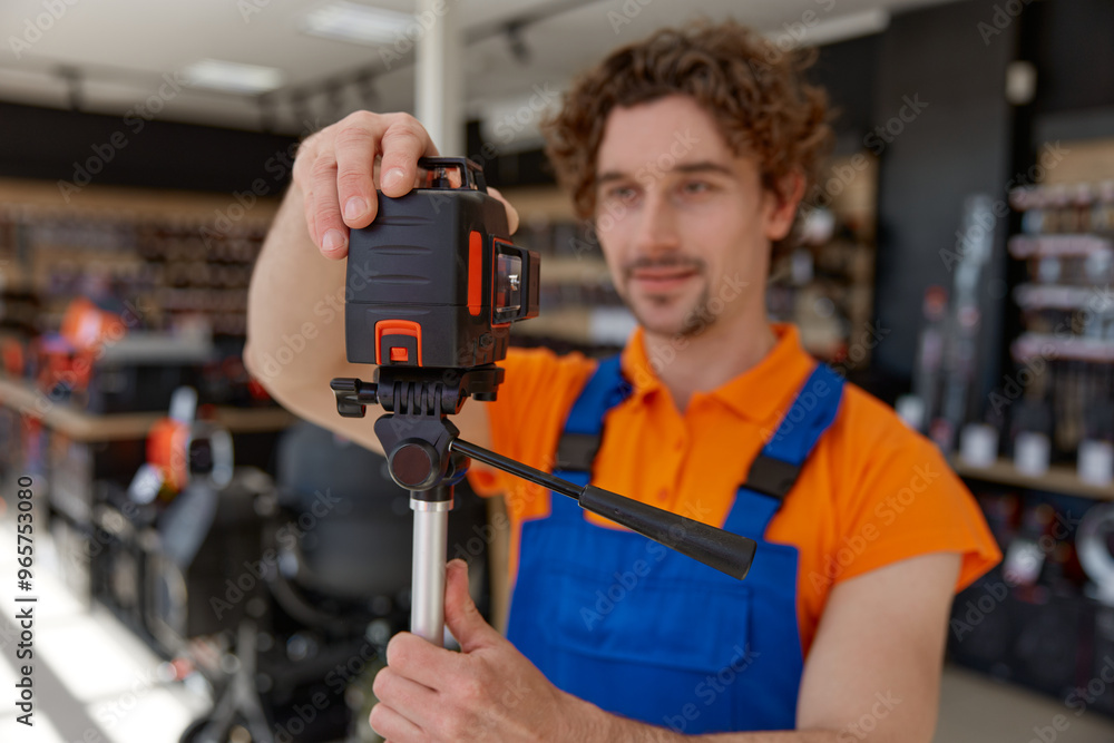 Concentrated young salesman in uniform checking laser level at hardware store Concentrated young salesman in uniform checking laser level at hardware store