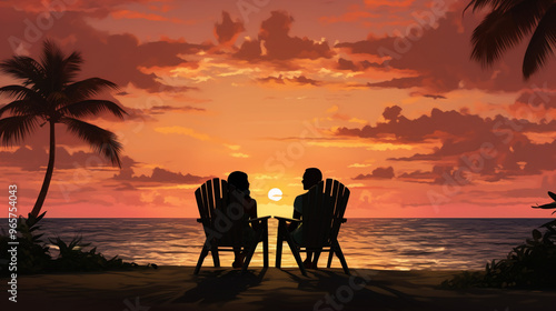 couple are sitting in chairs on a beach at sunset, holding hands