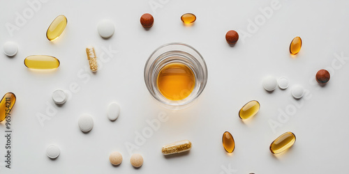 Composition of various white pills, tablets and yellow capsules with glass of water, creating shadows on a white surface