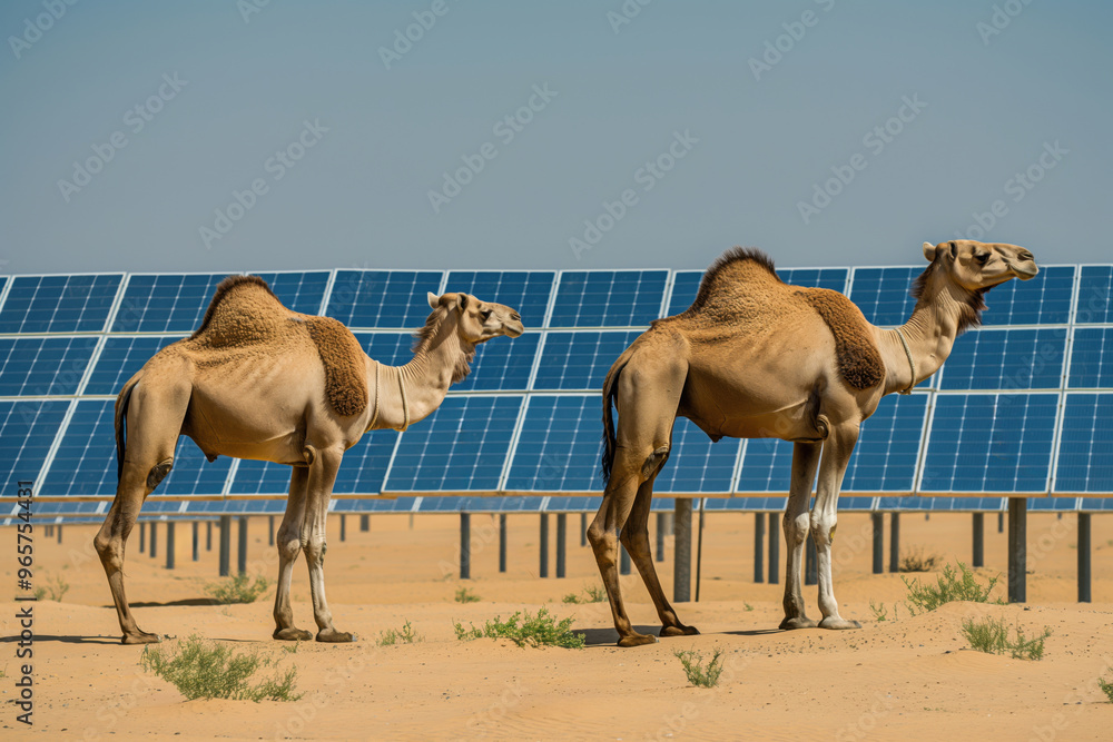 Two camels standing near a solar panel farm in the desert, showcasing the contrast between traditional desert life and modern renewable energy Two camels standing near a solar panel farm in the desert, showcasing the contrast between traditional desert life and modern renewable energy