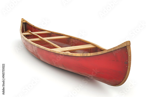 Old red canoe with wooden paddle isolated on white background, vintage maritime vessel, Red wooden canoe and paddles on white background, a red boat with a wooden paddle, 
