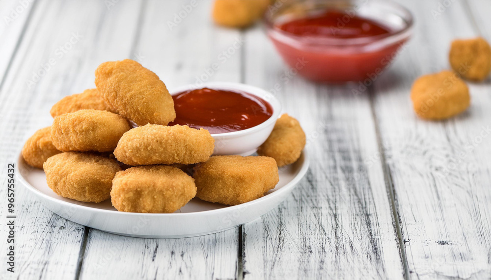 Chicken nuggets, tomato sauce. Delicious and crispy chicken meal with ketchup. Convenience food Chicken nuggets, tomato sauce. Delicious and crispy chicken meal with ketchup. Convenience food