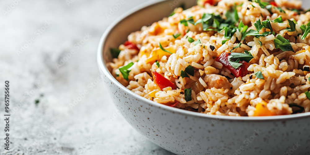Close-up of pilaf in a white ceramic bowl with visible grains Close-up of pilaf in a white ceramic bowl with visible grains