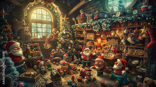 Santa's Workshop: A playful and whimsical background featuring Santa Claus's workshop with toy-making elves, colorful toys, and festive decorations.