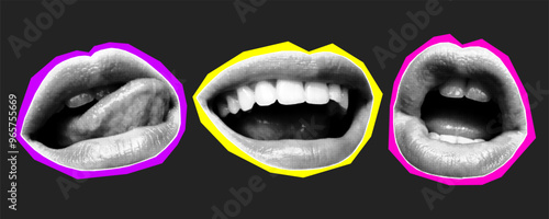 Halftone collage banner, paper cut mouths with different emotions. Magazine stickers with multicolored neon border, modern art, elements for decor, poster.