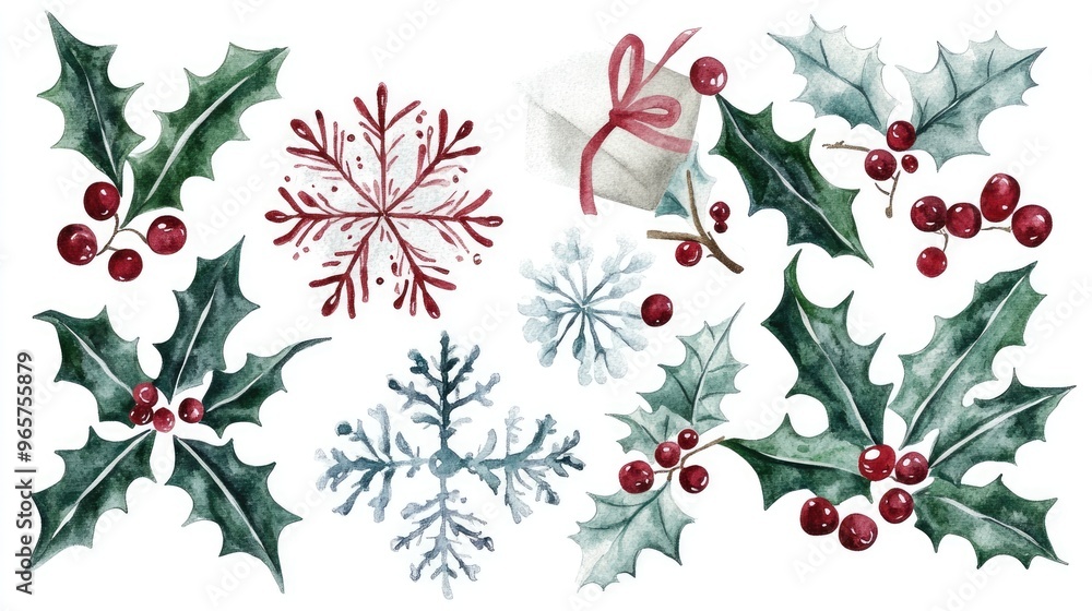 Snowflakes and holly leaves, Christmas theme, watercolor style, isolated on white background Snowflakes and holly leaves, Christmas theme, watercolor style, isolated on white background