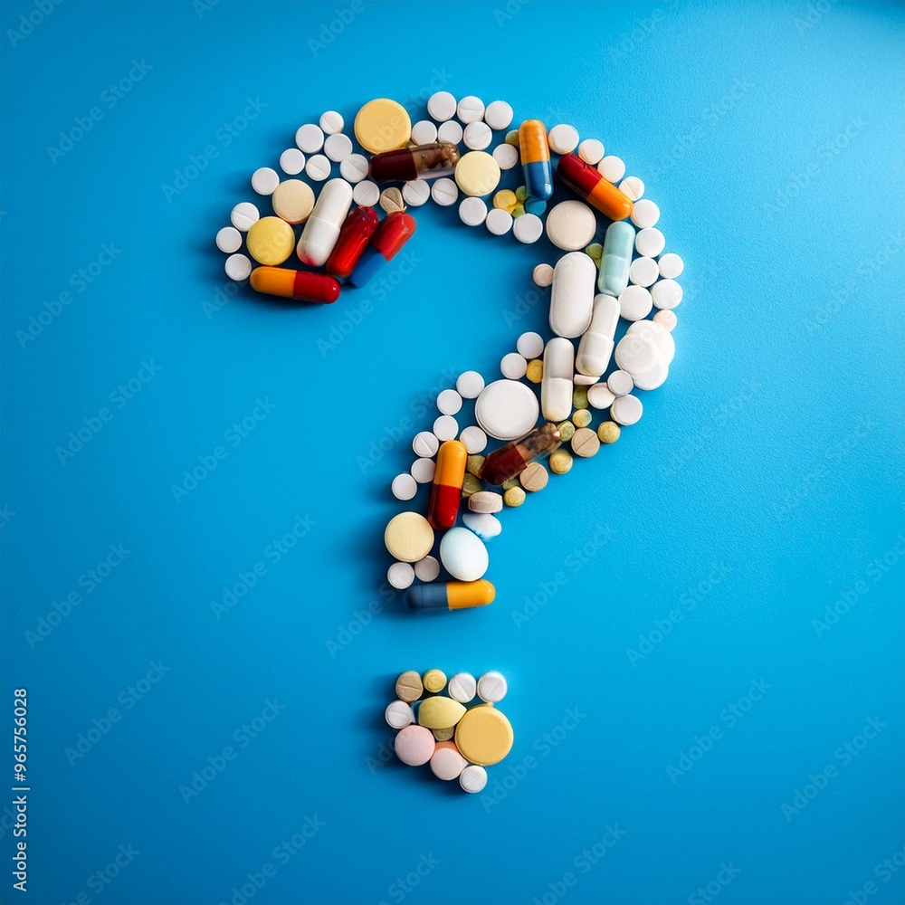 A question mark made out of pills on a blue background. A question mark made out of pills on a blue background.
