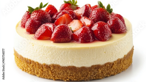 Delicious cheesecake with fresh strawberries topping on white background