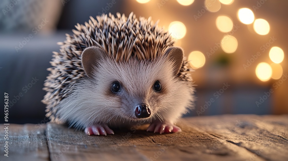 Adorable hedgehog sitting on a wooden surface with bokeh lights in the background Adorable hedgehog sitting on a wooden surface with bokeh lights in the background