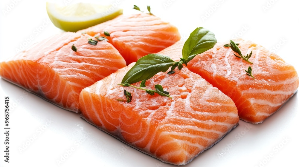Fresh Salmon Fillets On White Background, Top View. Healthy Eating, Delicious Seafood Concept. Fresh Salmon Fillets On White Background, Top View. Healthy Eating, Delicious Seafood Concept.