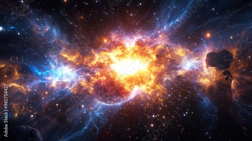 A visual representation of the Big Bang theory with exploding galaxies and cosmic energy. photo