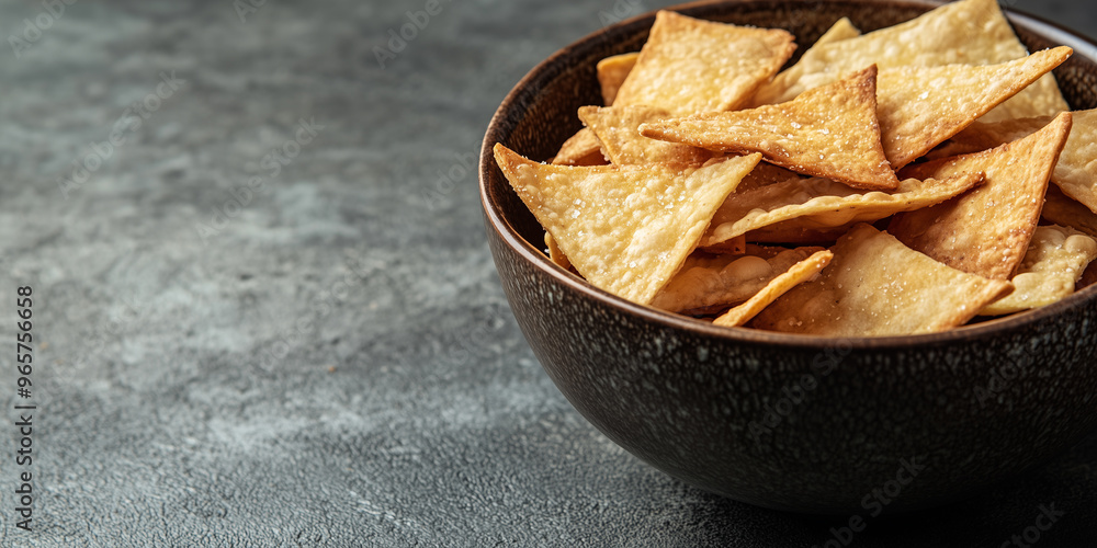 Close-up of pita chips in a deep ceramic bowl with visible details Close-up of pita chips in a deep ceramic bowl with visible details