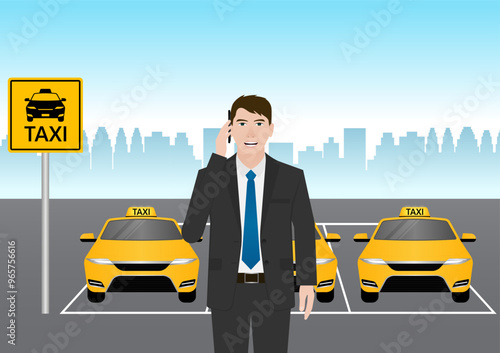 Taxi Service. Man Using Smartphone to Call Taxi. Vector Illustration.
