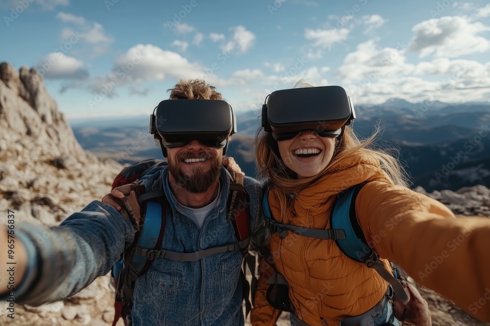 A couple equipped with VR headsets and backpacks is captured hiking and exploring a stunning mountain landscape. The sky is bright, and the overall scene is adventurous and picturesque. A couple equipped with VR headsets and backpacks is captured hiking and exploring a stunning mountain landscape. The sky is bright, and the overall scene is adventurous and picturesque.