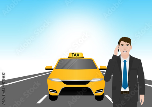 Taxi Service. Man Using Smartphone to Call Taxi. Vector Illustration.